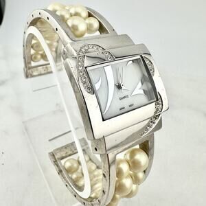 Avon Vintage MOP Dial Faux Pearl Cuff Silver Tone Womens Watch - Has New Battery